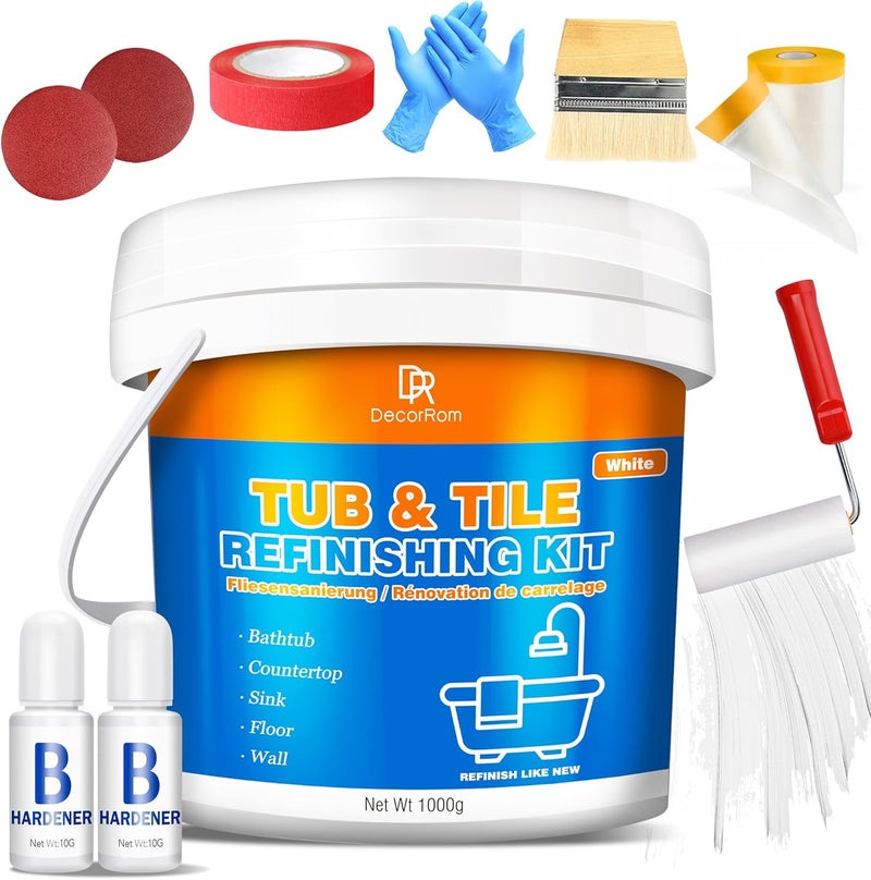 DecorRom Tub and Tile Refinishing Kit, 36oz Tile Paint Bathtub Paint White for DIY Bathroom Resurfacing, Ceramic/Porcelain Tiles, Glass and Marble Sinks Waterproof,Scratch Resistant, Low Odor (Tools in Bucket) - Image 1